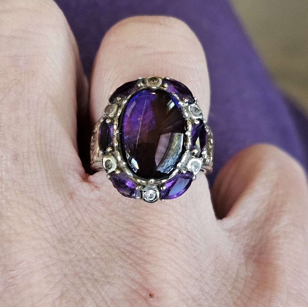 Vintage ✨️ Ammolite & Amethyst Ring in Palladium Sterling Silver Sz 6! - Picture 9 of 12
